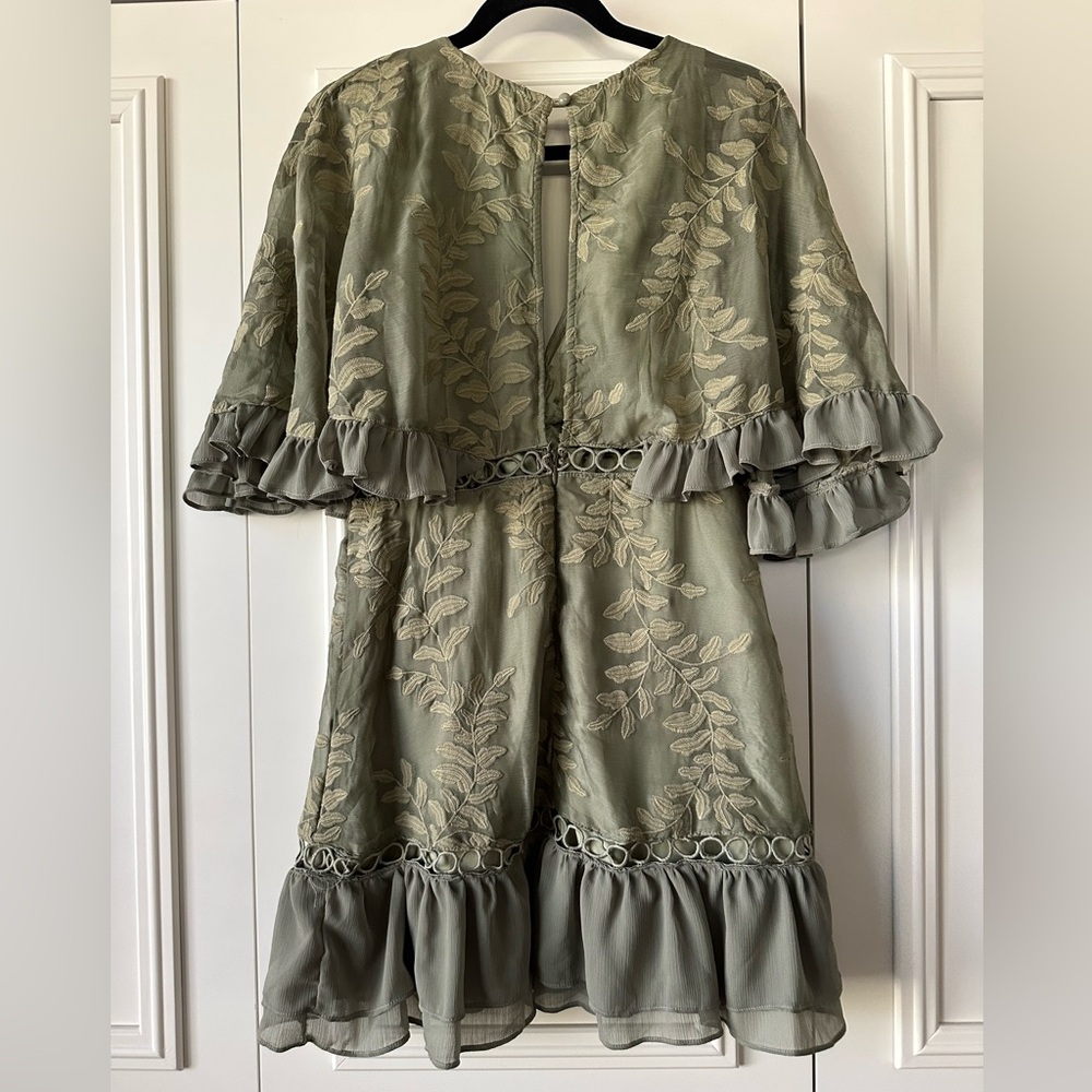 Saints + Secrets Embroidered Ruffle Mini Dress Sage Green, Size M - Picture 7 of 11
